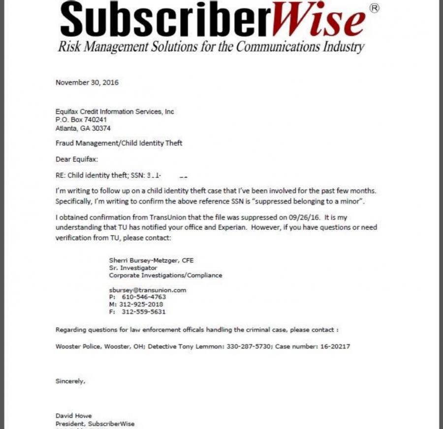 U.S. Credit Czar David Howe's Child Protection Letter to Equifax